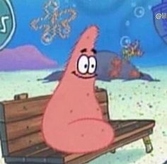 spongebob is sitting on a bench in the middle of an ocean with fish and bubbles