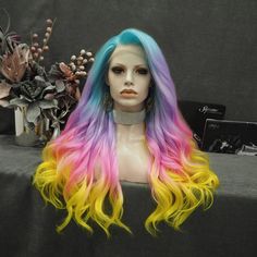 PRICES MAY VARY. 🌈【Rainbow Lace Front Wig】 150% high density Natural long curl hair style Multicolor (Blue+ Purple+Pink+Yellow) with transparent soft lace for the best natural looking. 💜【Natural Hairline】 Ear-to-Ear lace front with transparent lace for a truly natural look and realistic hairline. There are 1.5 inches hand-tied top quality large area lace frontal wig with natural hairline for free parting. 💙【Premium Heat Resistant】 This wig made of heat resistatant synthetic fiber. it can with Blue Lace Front Wig, Yellow Blonde, Rainbow Wig, Ombre Lace Front, Ombre Lace, Synthetic Lace Wigs, Ombre Wigs, Yellow Hair, Purple Ombre