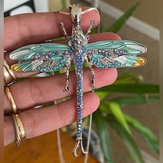 a hand holding a dragonfly brooch in it's right hand and another ring on the left