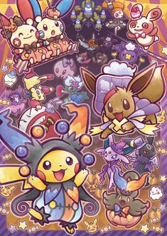 the pokemon poster has many different types of characters on it, including pikachu and other