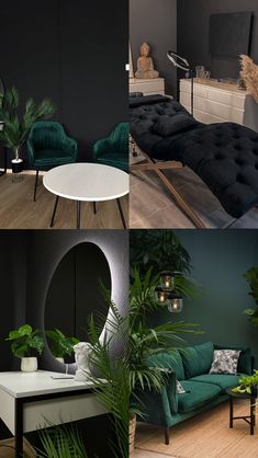 four different images of living room furniture and plants