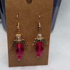 Hot Pink With Gold Wings Wings Color, Statement Earrings Wedding, Crystal Pearl Earrings, Skeleton Earrings, Pink Angel, Winter Earrings, Angel Earrings, Ghost Earrings, Hippie Earrings