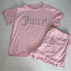 Juicy Couture Pajamas Set Pink Ribbed Lettuce Hem Shorts And Tee Size Large New Elastic Waist Pink Fitted Loungewear Set, Trendy Stretch Pajama Shorts For Loungewear, Pink Stretch Loungewear Sets, Pink Stretch Tops For Bedtime, Stretch Pink Tops For Bedtime, Stretch Matching Set Tops For Loungewear, Trendy Stretch Sleepwear For Pajama Party, Stretch Pink Bedtime Tops, Pink Fitted Matching Set Sleepwear