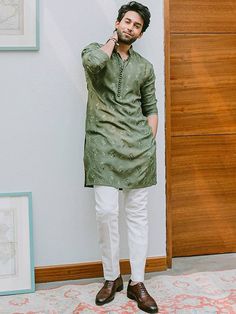 Olive Green Kurta Pajama Suits Diamond Bar California USA Bespoke Kurta Shalwar Suits for Mens Kurta Designs Men's, Raw Silk Kurta, Indian Wedding Clothes For Men, Pakistani Kurta, Boys Kurta Design, Wedding Kurta For Men, Mehendi Outfit, Kurta Pajama Men, Gents Kurta Design