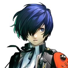 an anime character with blue hair holding a red object in his hand and looking at the camera