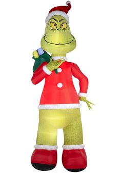 an inflatable christmas character holding a bottle