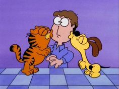 a cartoon character kissing a cat on the nose while another person looks at him from behind