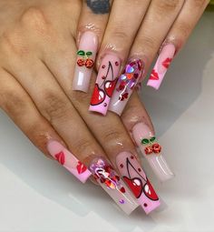 Cherry Pop Art Nails, Hearts And Cherries Nails, Cherry Hearts Nails, Valentines Day Nails Cherry, Cherries Nail Art, Pink Nails With Cherries, Heart Cherry Nails, Cherry Design Nails, Cherry Heart Nails