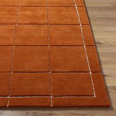 a brown area rug with white lines on the top and bottom, sitting on a wooden floor