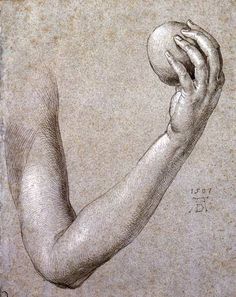 a drawing of a hand holding an apple in it's left arm, from the back