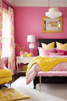 a bedroom with pink walls and yellow accents