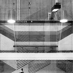 two black and white images of the inside of a building