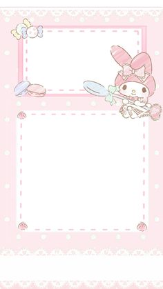 a pink frame with a hello kitty holding a spoon and some food on it's side