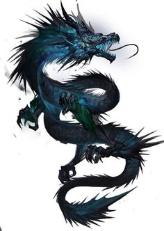 a black and blue dragon sitting on top of a white surface