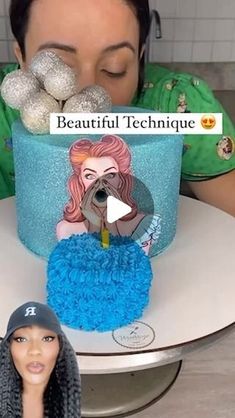 a barbie doll next to a cake with an image of a woman's face on it