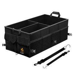 a black storage box with two handles and straps