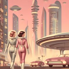 two people in space suits are walking through the city with futuristic buildings and flying saucers