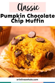 pumpkin chocolate chip muffin with text overlay