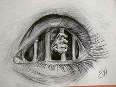 a pencil drawing of an eye looking through bars