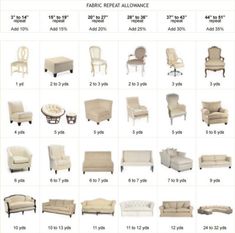 different types of chairs and couches with prices for each chair in the price list