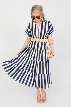 Striped Shirt Dress Midi - New Arrivals - The Blue Door Boutique Elegant Striped Shirt Dress For Vacation, Chic Navy Short Sleeve Dress, Chic Navy Shirt Dress For Spring, Chic Striped Shirt Dress For Vacation, Chic Summer Shirt Dress With Vertical Stripes, Chic Dresses With Horizontal Stripes, Elegant Summer Dress With Striped Hem, Chic Striped Tiered Dress, Navy Ruffled Midi Dress For Summer