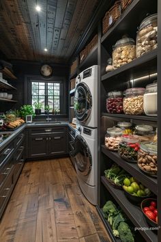 a laundry room filled with lots of different types of vegetables and food on shelves next to a washer