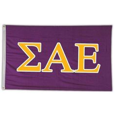 a purple and yellow flag with the word zae in large letters on it's side