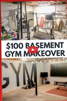 an image of a gym with the words $ 100 basement gym makeover on it