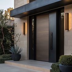 a modern entrance with two planters on the steps