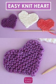 crocheted hearts and knitting needles with the text easy knit heart