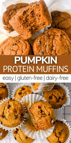 pumpkin protein muffins with chocolate chips on top and in the background, there are other muffins