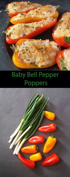 baby bell pepper peppers and green beans on a black surface with the title above it