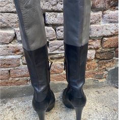 Knee Length Tall Fendi Boots. Very Stylish Size 9. Black/Grey Color. Gray Leather Boots With Reinforced Heel, Elegant Fitted Gray Boots, Gray Leather Boots Medium Width, Elegant Gray Round Toe Boots, Chic Gray Leather Boots, Fendi Boots, Grey Leather Boots, Fendi Shoes, Grey Color