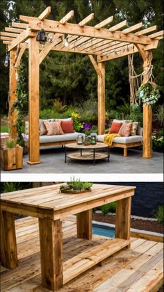 an outdoor living area with wooden furniture and plants