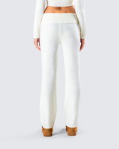 Make any day cuter and cozier with these white knit pants 🤍 Complete with a ribbed fold over top edge and wide leg fit, this piece is the perfect look for grocery store runs, self care days, and everything in between White Knit Pants, Ski Trip Outfit, Uzun Boy, Trip Outfits, Cute Swag Outfits, Cargo Pant, Knit Pants, Swag Outfits, Knit Set