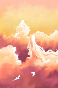 a painting of clouds with birds flying in the sky behind it and an orange yellow pink background