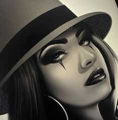 a painting of a woman with long hair wearing a fedora and hoop earrings on her head