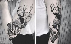 two pictures of the same tattoo on one arm and another with an animal skull in it