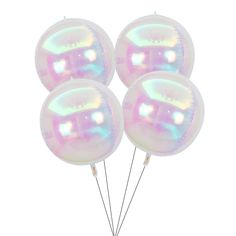 four white balloons with iridescent colors are arranged in the shape of a ballon