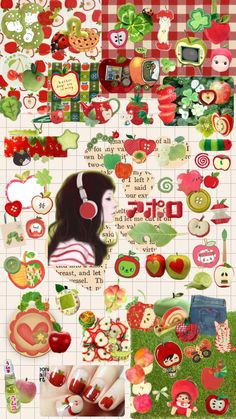 a collage with many different pictures and words on it's side, including an apple