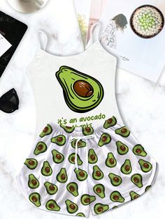 Verde Limão Fofo,Romântico,Fofos-engraçados,Young casual,Mulher casual,Luxuoso Collar Sem Mangas Tecido Frutas&Vegetais Topos de Pijama Embellished Elasticidade alta Verão Avocado, Design