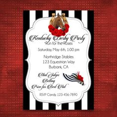 a red and black striped birthday party with a horse on it