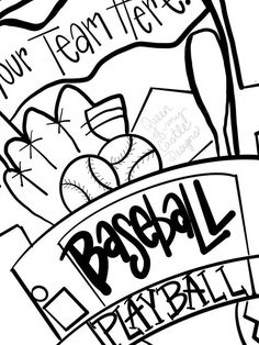 a black and white drawing of some baseball related items with the word baseball on it