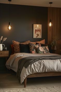 a bed sitting in a bedroom next to a wooden dresser and lamp on the wall