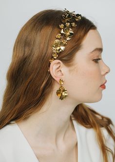 Sariyah Headband -- Gold Pansy Earrings, Golden Summer, Earring Frame, Bold Makeup Looks, Luxury Hair Accessories, Jennifer Behr, Golden Hair, Bold Makeup, Gold Headband