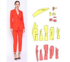 a woman in an orange suit and heels standing next to a cut out pattern for the jacket