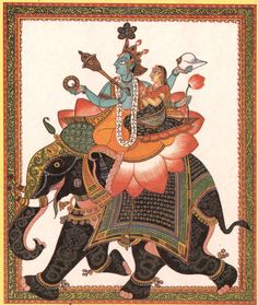 Vishnu and Lakshmi on Gajavahana. Gouache. Kangra Painting, Pahari Painting, Vishnu And Lakshmi, Vishnu Laxmi, Painted Elephants, Hindu Cosmos, Laxmi Narayan