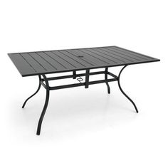 an outdoor table with black plastic top and metal legs, against a white background photo