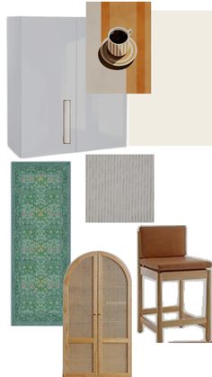 an assortment of furniture and decor items including a cabinet, chair, table, rug