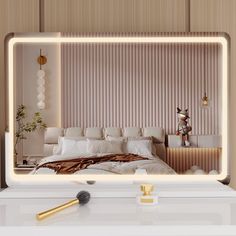 a mirror reflecting a bedroom with a bed in the middle and lights on either side